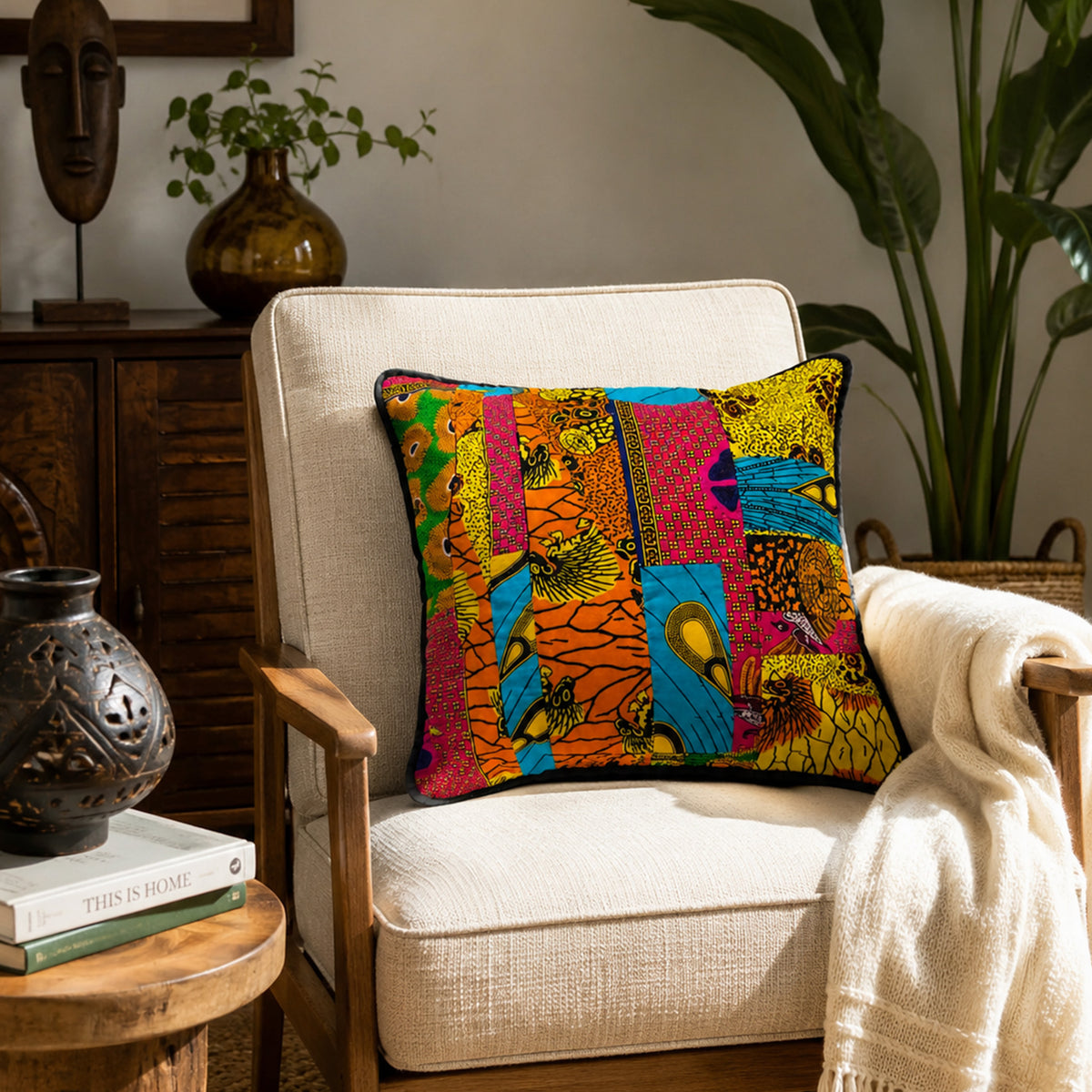 Hand-crafted Afro print multicolour patchwork cushion cover