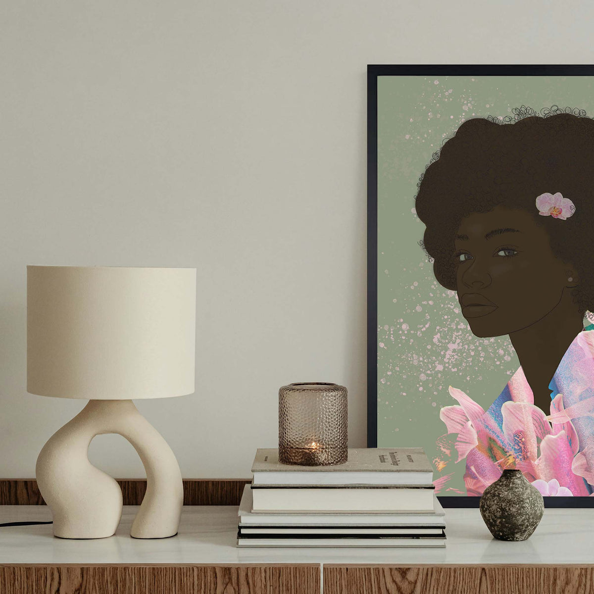 Flower Child - Afro Art Print in Sage Green