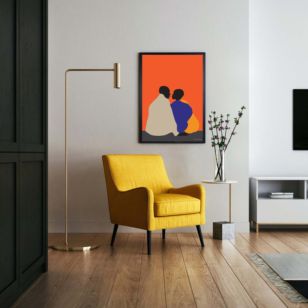 Sunset African Lovers - Afro Art Print in Orange